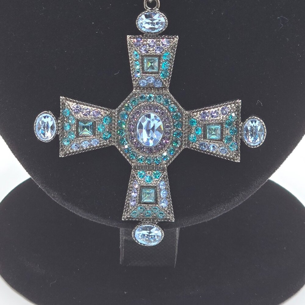 Vintage Real Collectibles by Adrienne Blue/Teal Rhinestone Cross & Drop Earrings - Picture 3 of 10